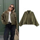 Olive green suede bomber jacket for women, stylish streetwear fashion with oversized fit and collar detail