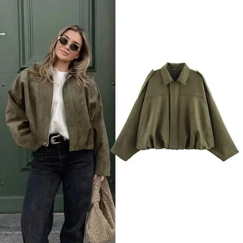Olive green suede bomber jacket for women, stylish streetwear fashion with oversized fit and collar detail