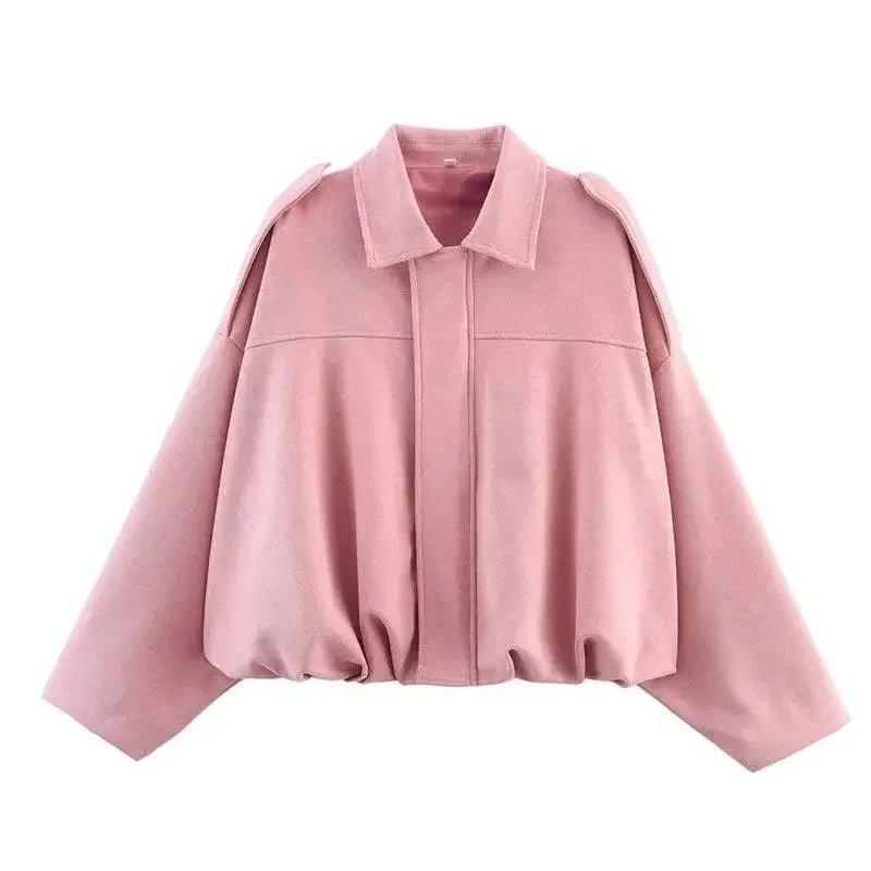 Pink women's cropped jacket with shoulder details, stylish fashion outerwear