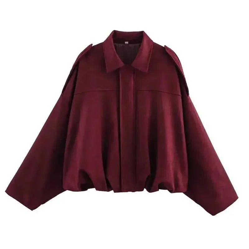 Burgundy women's cropped cape blouse with wide sleeves and collar, fashion top