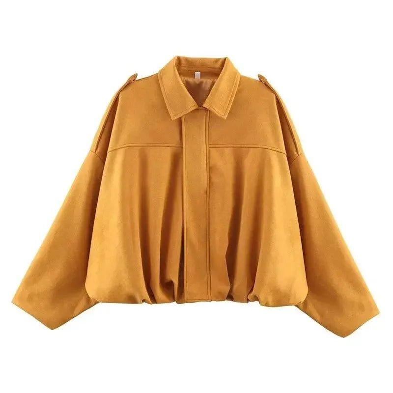 Mustard yellow women's cropped jacket with balloon sleeves and collar, stylish fashion outerwear