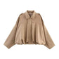 Beige cropped jacket with balloon sleeves and collar, women's fashion outerwear