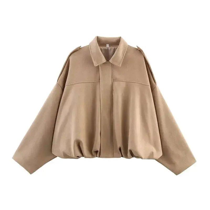 Beige cropped jacket with balloon sleeves and collar, women's fashion outerwear