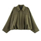 Olive green women's cropped jacket with wide sleeves and collar, stylish fashion outerwear