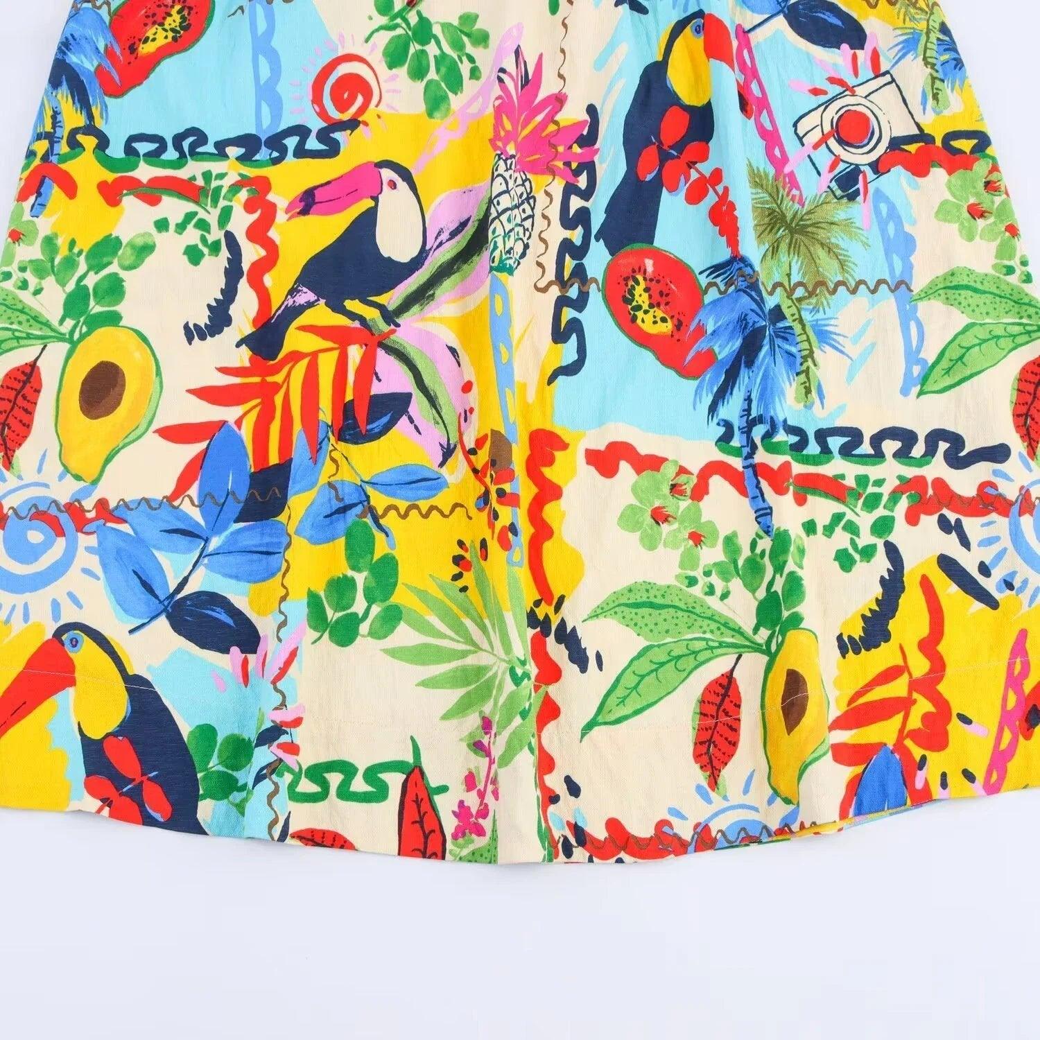Vibrant tropical print women's skirt with toucans, palm trees, and fruit for summer fashion