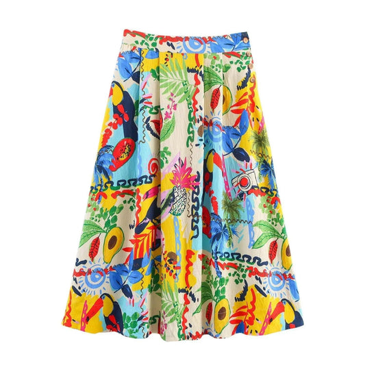 Vibrant tropical print women's midi skirt with toucans, pineapples, and palm leaves for summer fashion