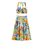 Tropical print women's two-piece set with halter top and midi skirt, vibrant summer fashion