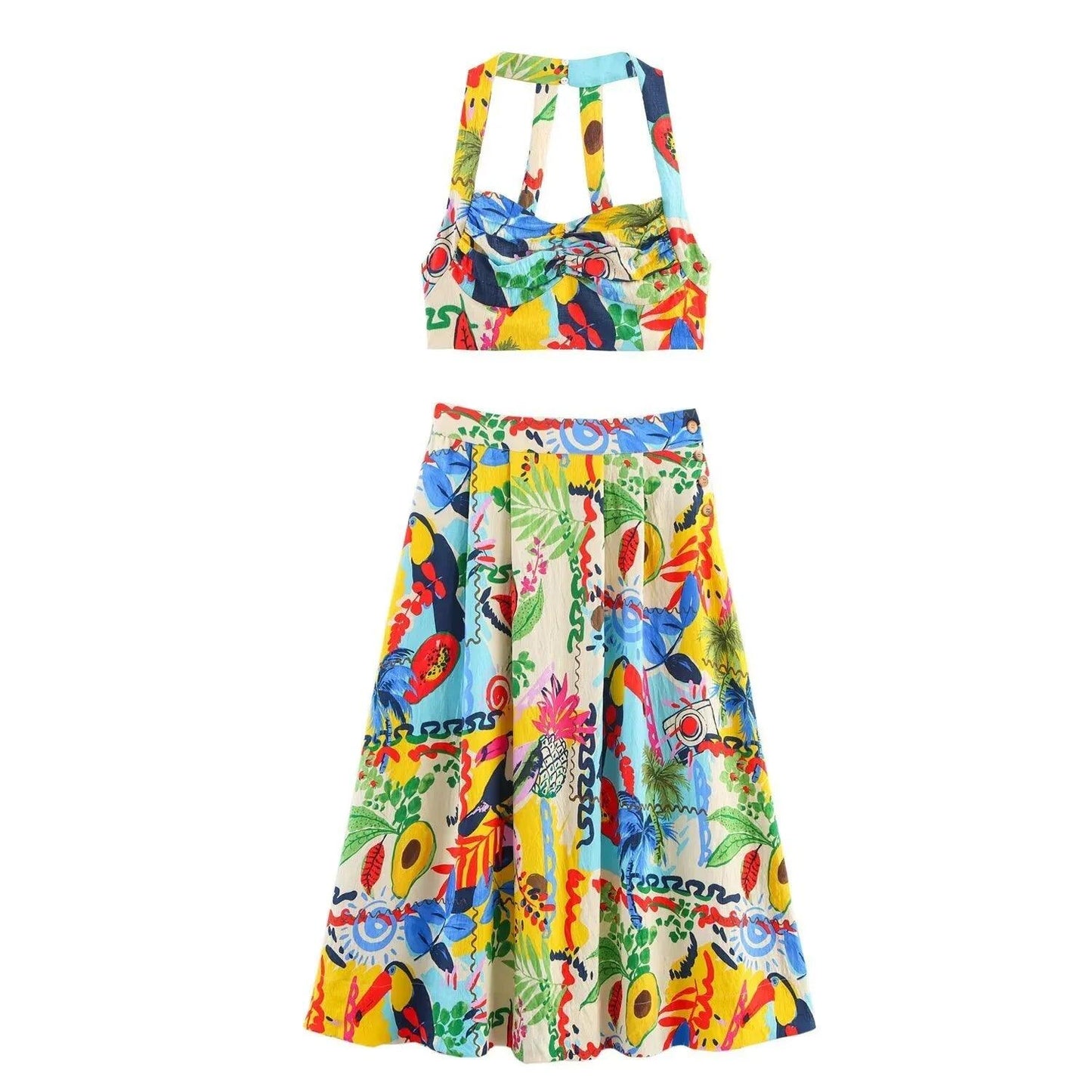 Tropical print women's two-piece set with halter top and midi skirt, vibrant summer fashion