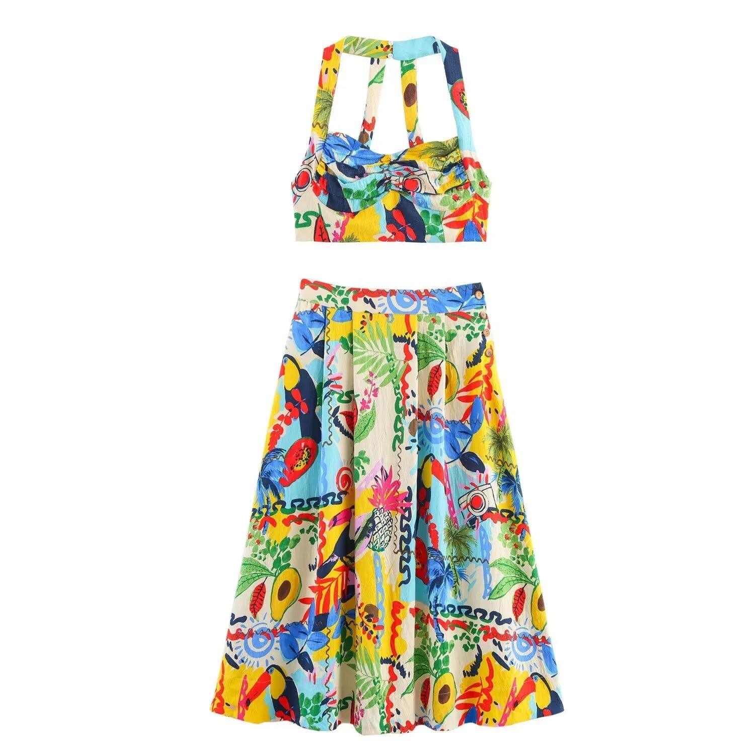 Tropical print women's two-piece set with halter top and midi skirt, vibrant summer fashion