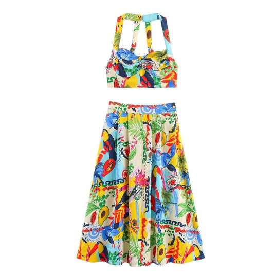 Tropical print women's two-piece set with halter top and midi skirt, vibrant summer fashion