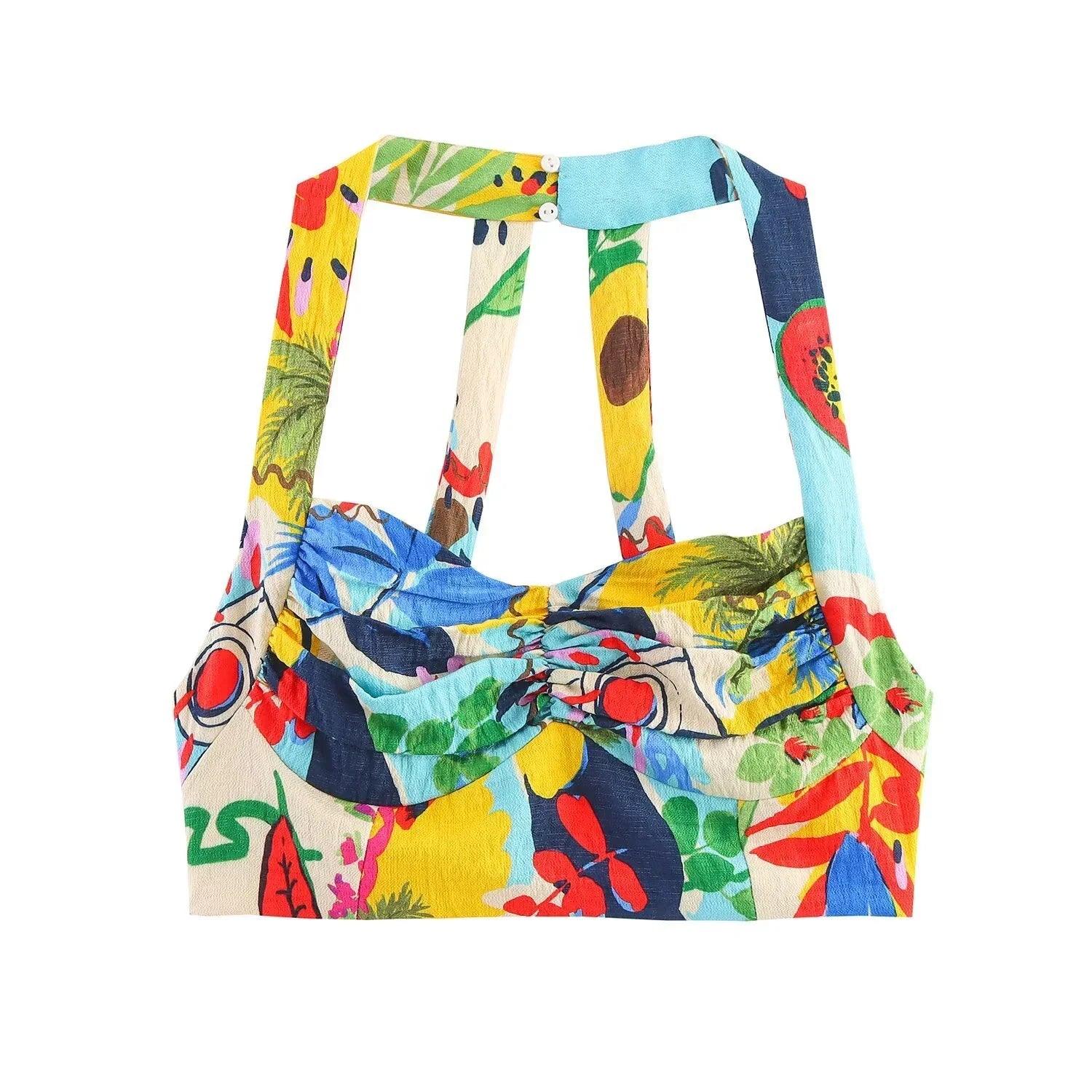Tropical print halter top with colorful floral and fruit pattern, women's fashion