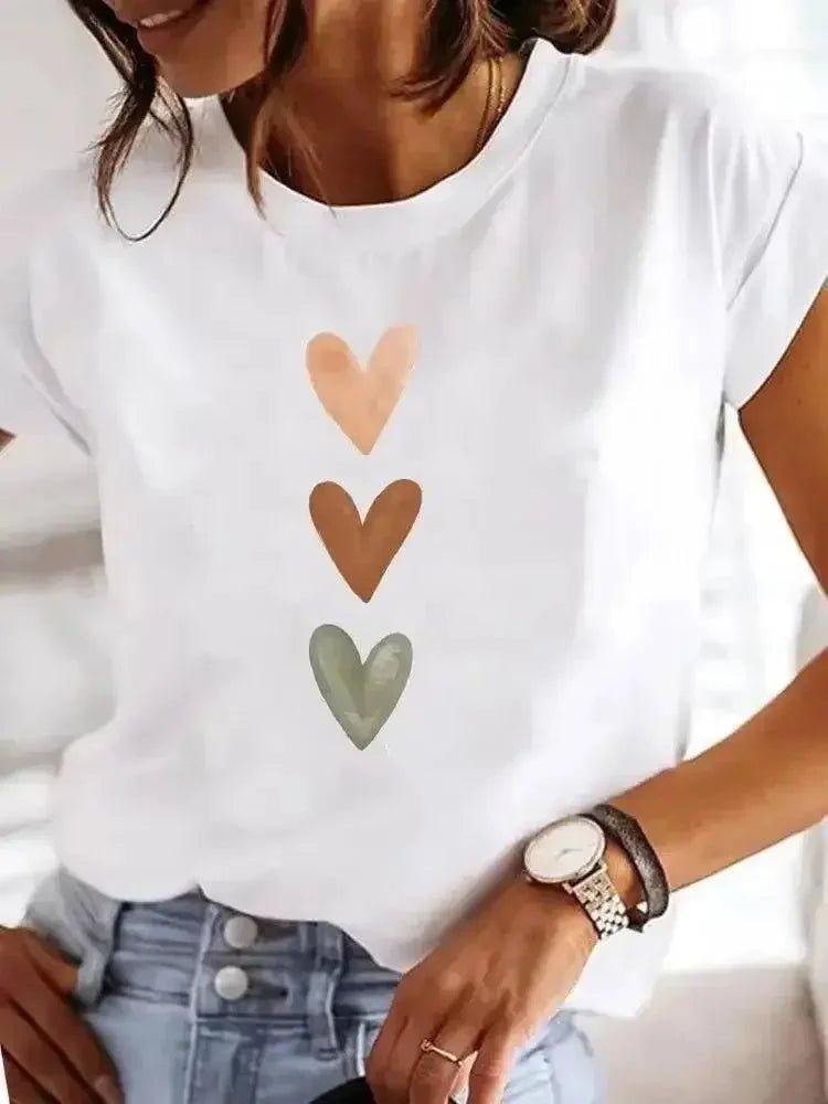 White women's t-shirt with three colorful hearts, casual fashion top