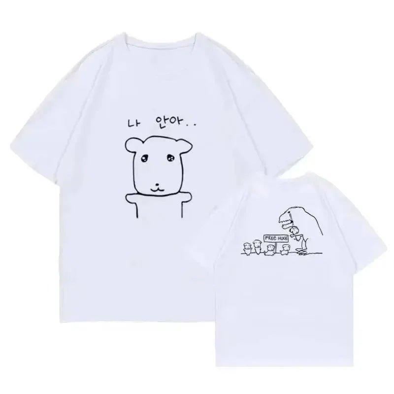 Cute white graphic tees with cartoon hamster and dinosaur designs, perfect for women's fashion