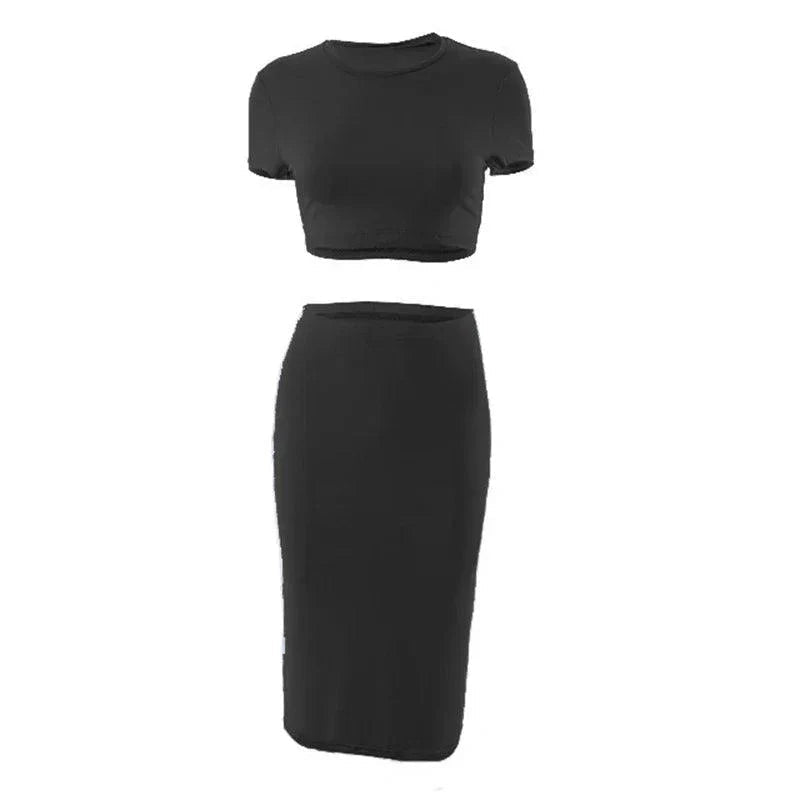 Womens Dress Sets Short Sleeve Crop Tops And Mid Calf Skirt Suit Fashion 2PCS Set Slim Office Lady Summer Suits Clothing QX2413 - Womans Fashion