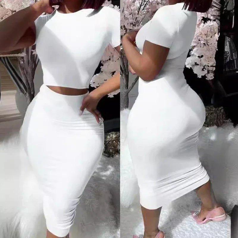 Womens Dress Sets Short Sleeve Crop Tops And Mid Calf Skirt Suit Fashion 2PCS Set Slim Office Lady Summer Suits Clothing QX2413 - Womans Fashion