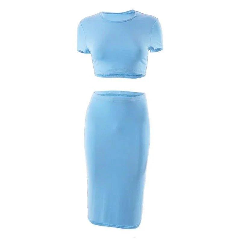 Womens Dress Sets Short Sleeve Crop Tops And Mid Calf Skirt Suit Fashion 2PCS Set Slim Office Lady Summer Suits Clothing QX2413 - Womans Fashion