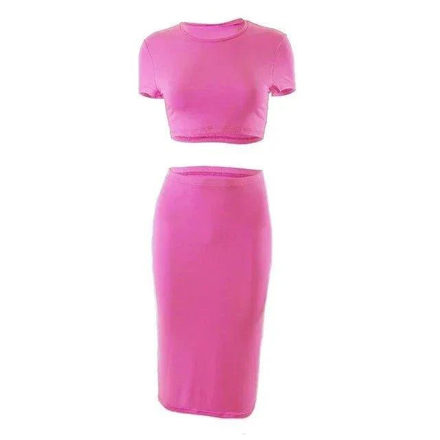 Womens Dress Sets Short Sleeve Crop Tops And Mid Calf Skirt Suit Fashion 2PCS Set Slim Office Lady Summer Suits Clothing QX2413 - Womans Fashion
