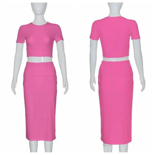 Womens Dress Sets Short Sleeve Crop Tops And Mid Calf Skirt Suit Fashion 2PCS Set Slim Office Lady Summer Suits Clothing QX2413 - Womans Fashion