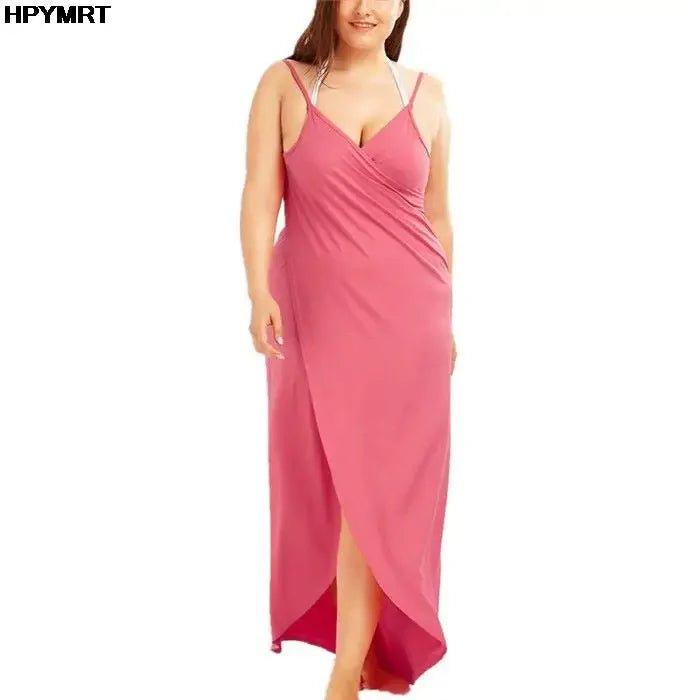 Pink plus size maxi dress with V-neck and side slit, women's fashion
