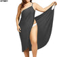 Black satin slip dress with high slit, plus size women's fashion, elegant nightwear