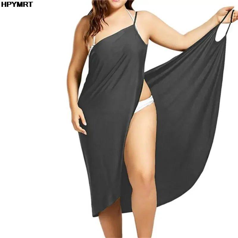 Black satin slip dress with high slit, plus size women's fashion, elegant nightwear