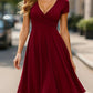 Burgundy V-neck wrap dress with short sleeves and flared skirt for women's fashion