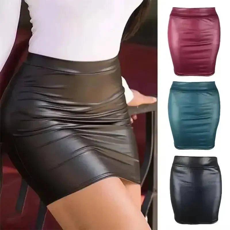 Women's faux leather mini skirt in black, burgundy, teal, and navy — stylish bodycon fashion