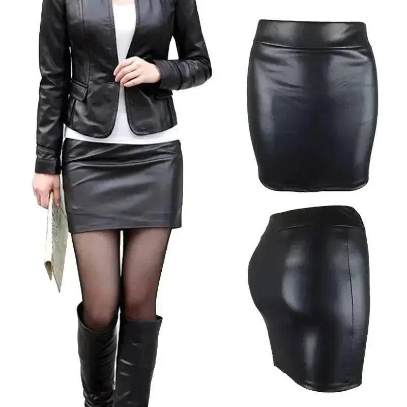 Black faux leather pencil skirt with matching blazer, stylish women's fashion set