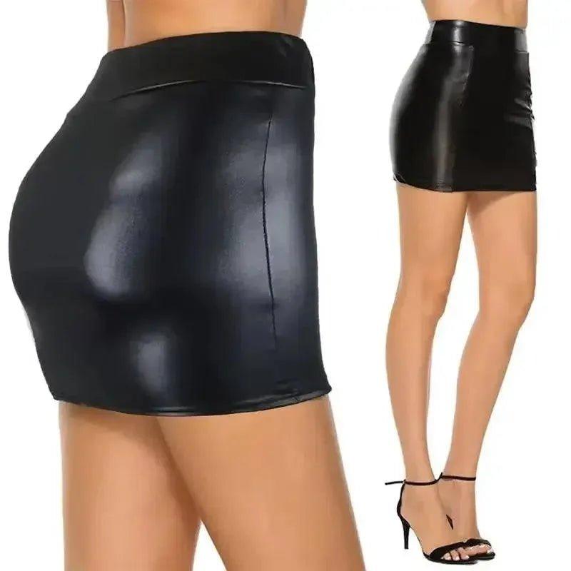 Black faux leather mini skirt for women, bodycon style with high waist, paired with heels