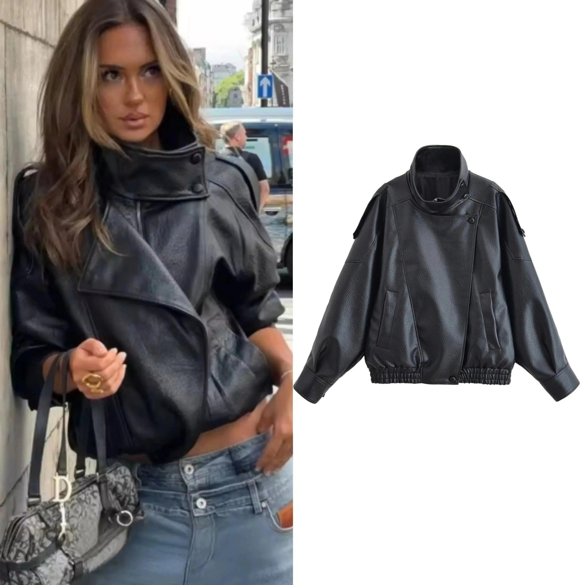 Black faux leather moto jacket for women, stylish streetwear fashion with high collar and relaxed fit