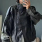 Woman wearing black leather moto jacket, stylish fashion outerwear for casual look