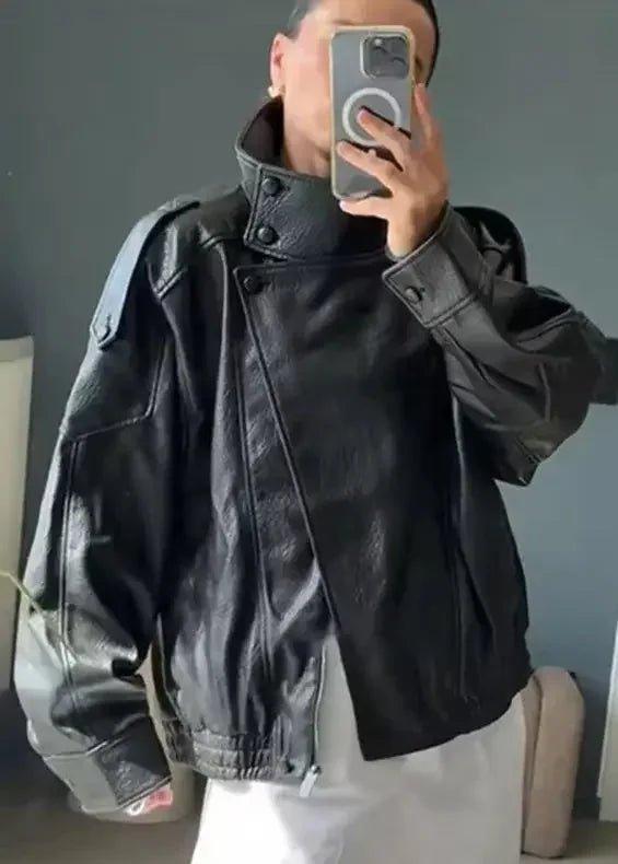 Woman wearing black leather moto jacket, stylish fashion outerwear for casual look