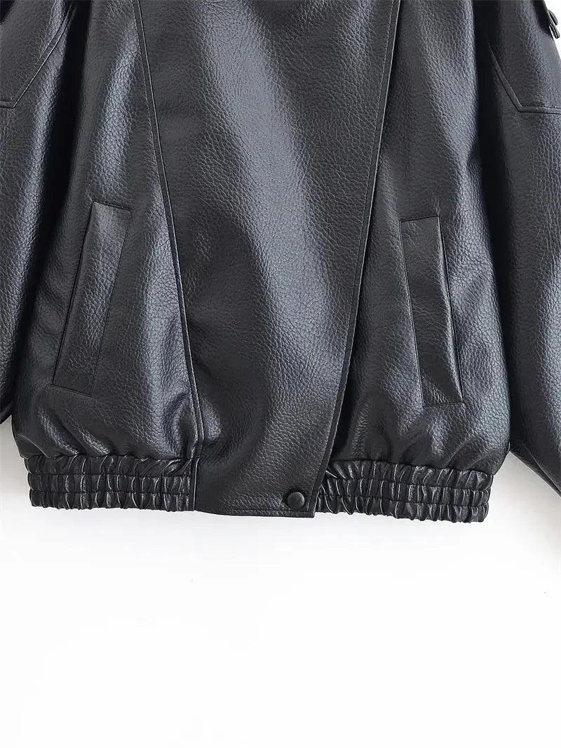 Black faux leather bomber jacket with ribbed hem and front pockets, women's fashion outerwear