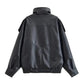 Black faux leather women's jacket with padded shoulders and elastic hem, stylish fashion outerwear