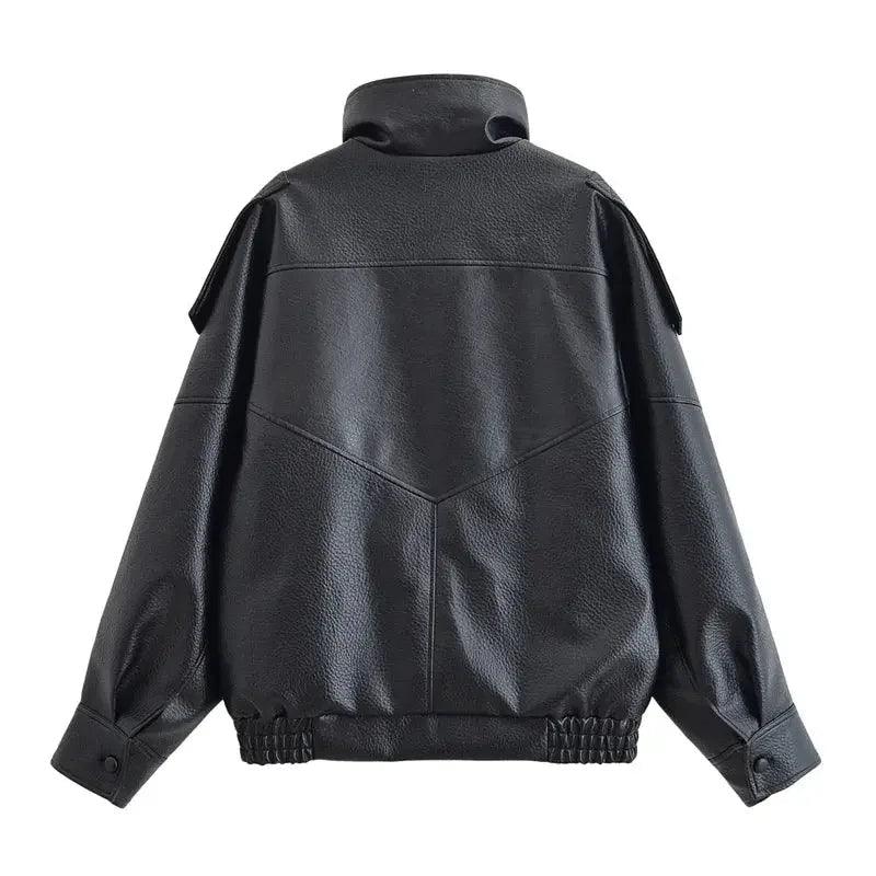 Black faux leather women's jacket with padded shoulders and elastic hem, stylish fashion outerwear
