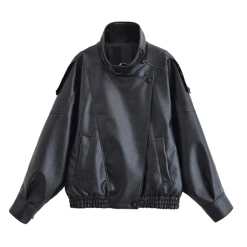 Black faux leather women's moto jacket with asymmetrical zip and shoulder straps