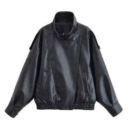Black faux leather women's moto jacket with asymmetrical zip and shoulder straps