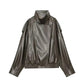 Women's black faux leather moto jacket with high collar and button details