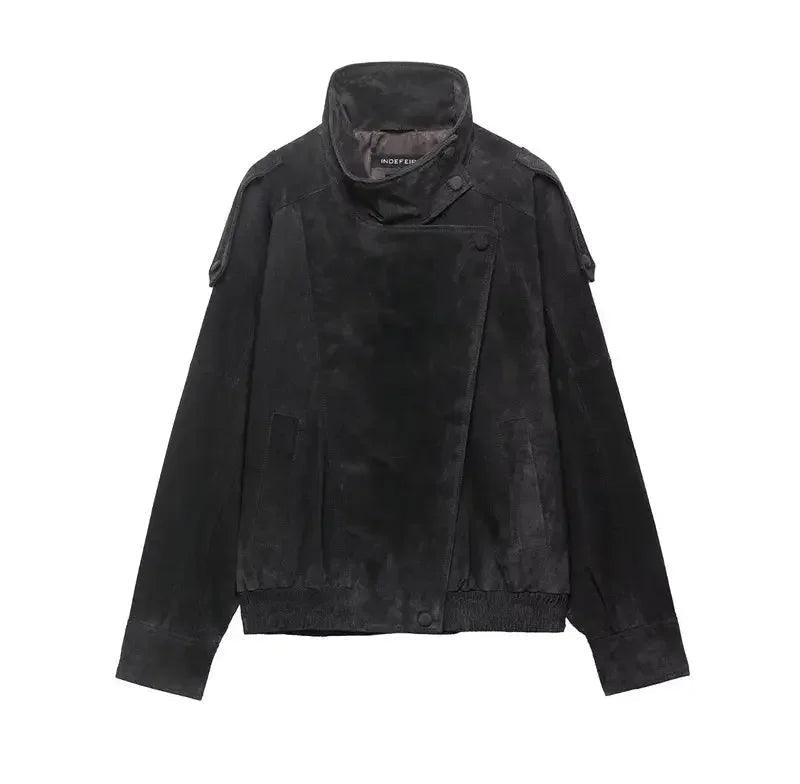 Black suede women's fashion jacket with high collar and shoulder details