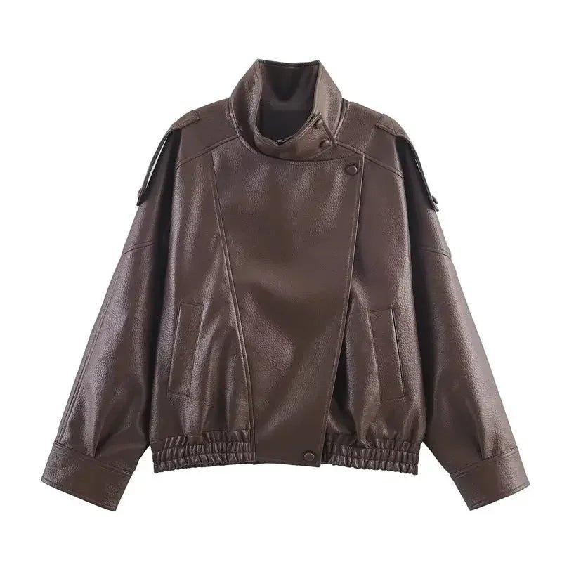 Brown women's faux leather moto jacket with high collar and shoulder straps, stylish fashion outerwear