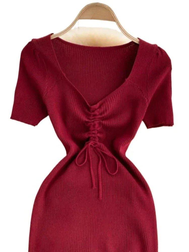 Red ribbed knit dress with V-neck, puff sleeves, and front tie waist for women's fashion