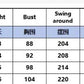 Women's clothing size chart with measurements for bust, hip, length, and swing