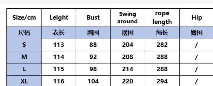 Women's clothing size chart with measurements for bust, hip, length, and swing