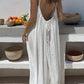 White backless maxi dress with thin straps, summer beach fashion for women