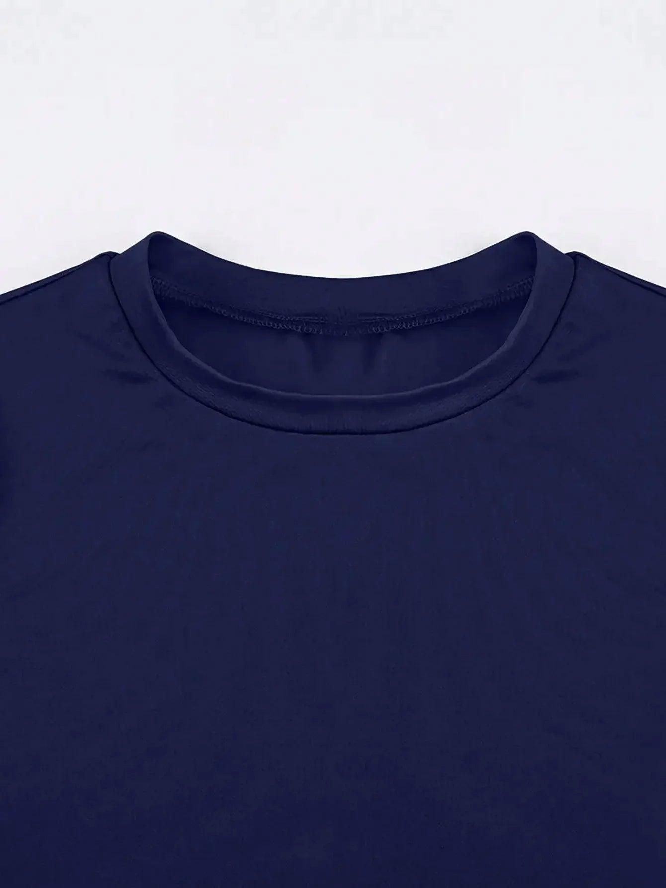 Navy blue women's fashion top with round neckline and smooth fabric texture