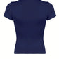 Navy blue women's fitted crop top with short sleeves, back view for fashion styling