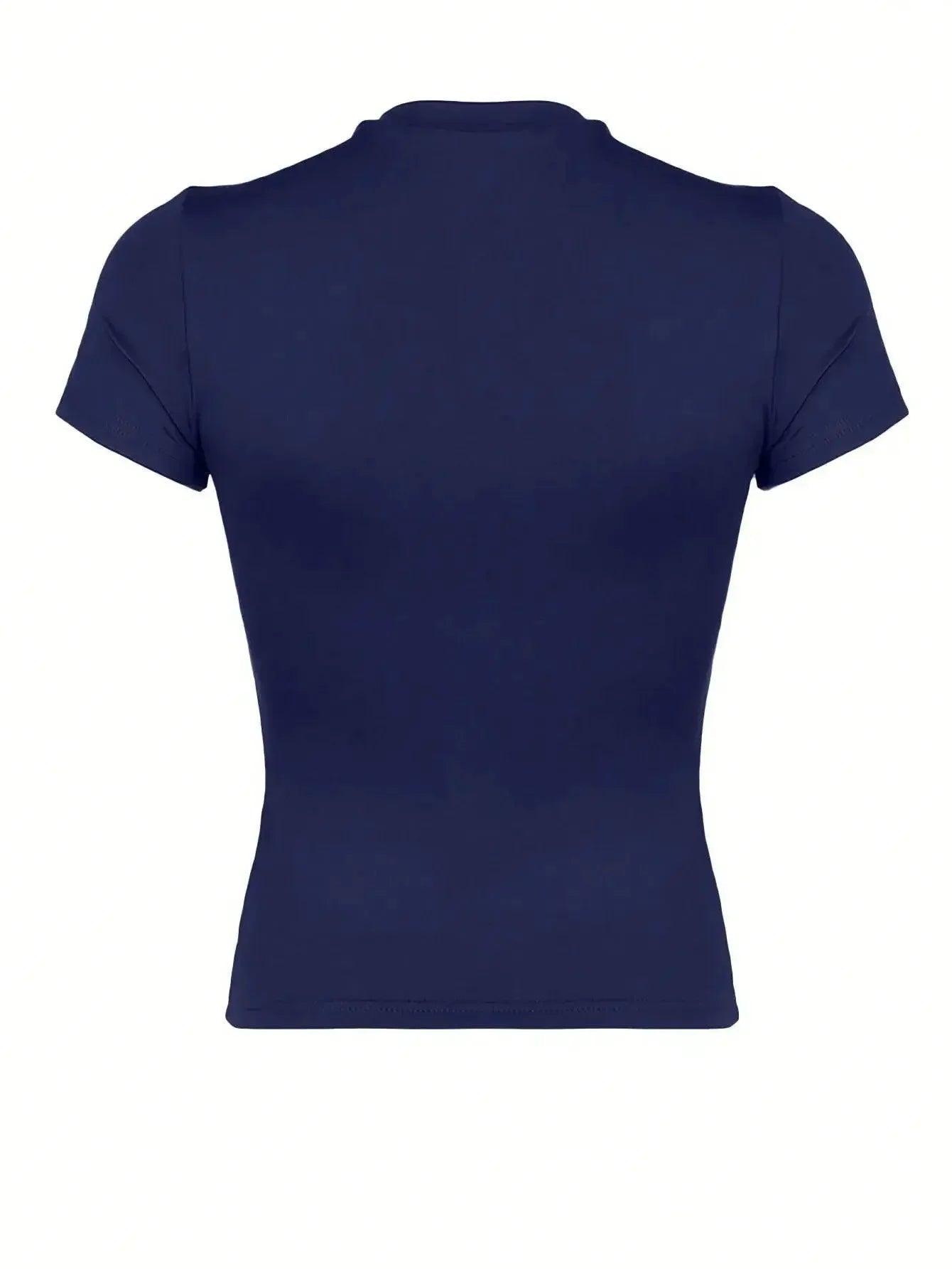 Navy blue women's fitted crop top with short sleeves, back view for fashion styling