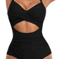 Black one-piece swimsuit with cutout waist and halter neck, women's beachwear fashion
