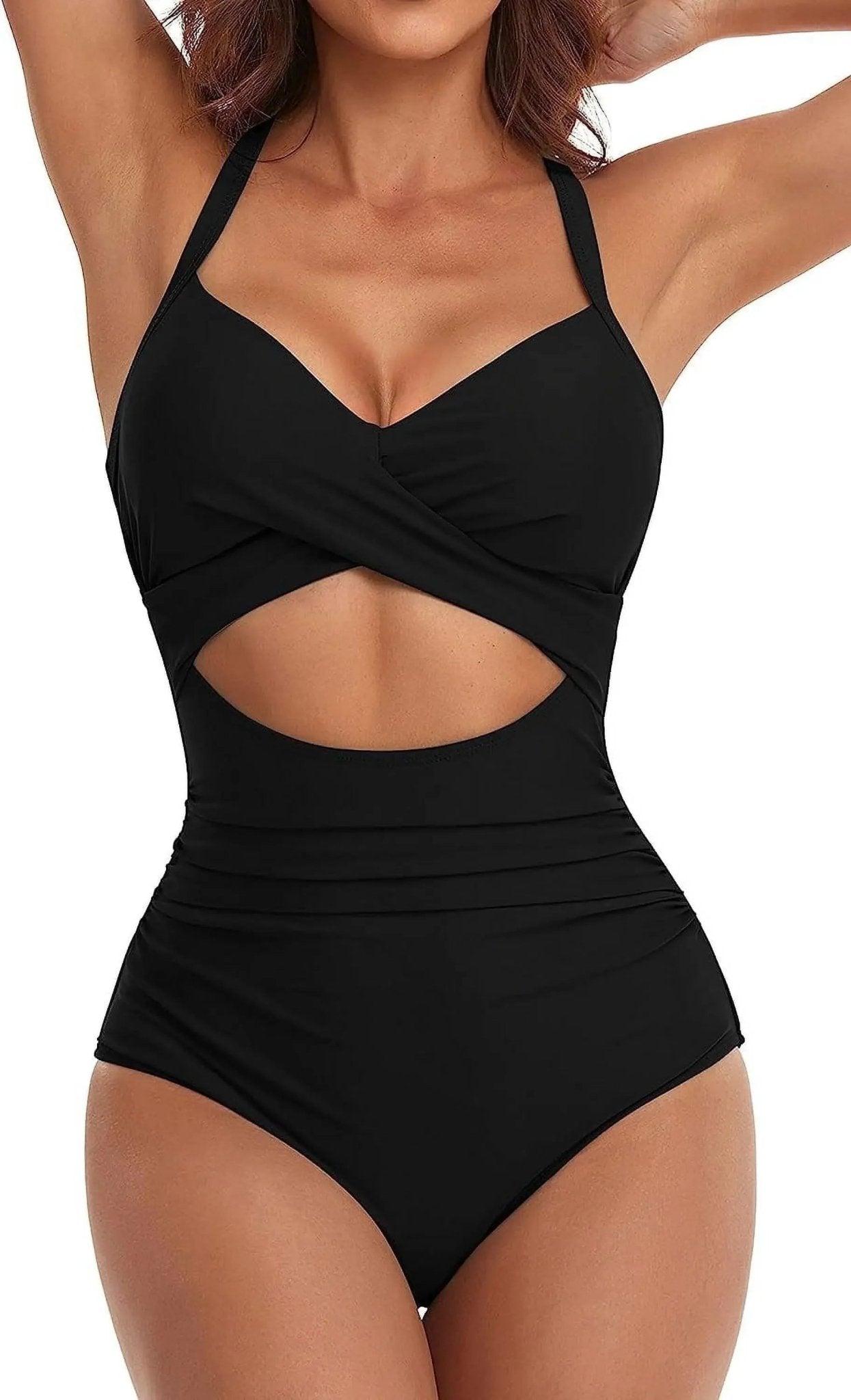 Black one-piece swimsuit with cutout waist and halter neck, women's beachwear fashion