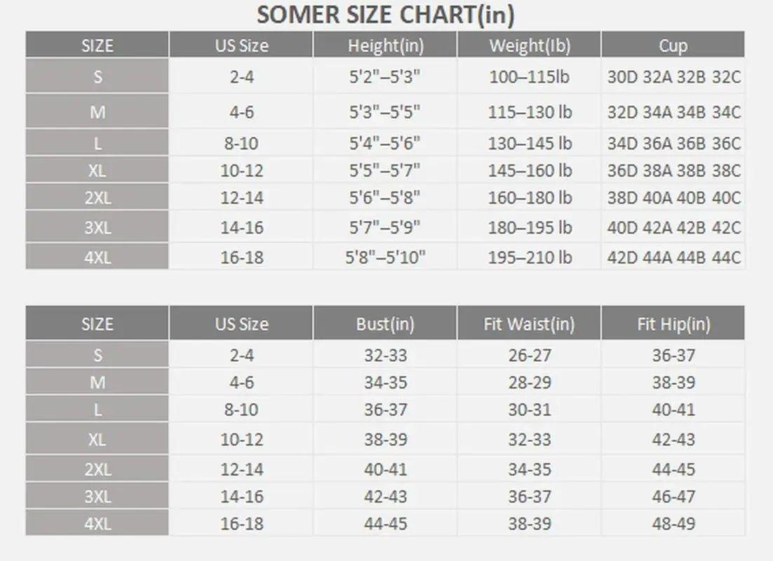 SOMER women's clothing size chart with US sizes, height, weight, bust, waist, hip measurements for fashion apparel